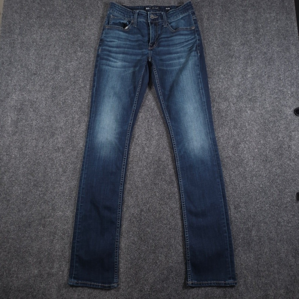 BKE Jake Straight Jeans Mens 28x33* Blue Whiskered Stretch Dark Wash Faded